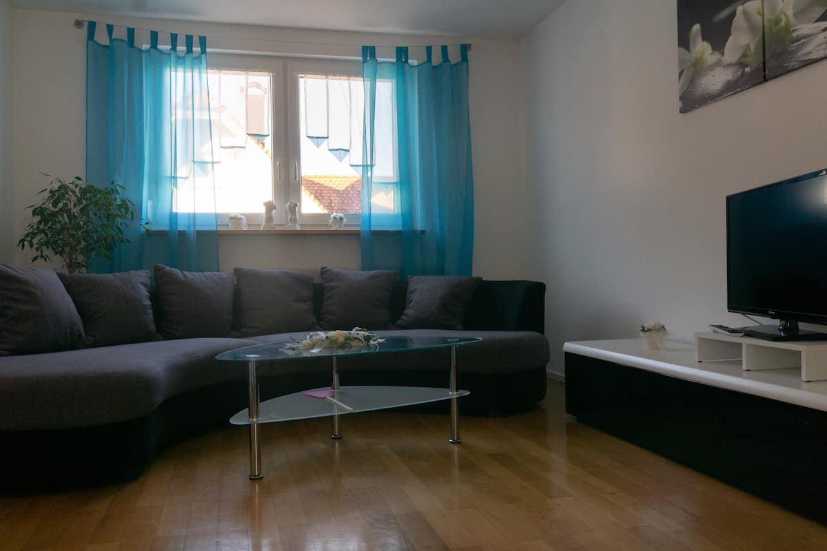 Gemütliches Wohnzimmer der Ferienwohnung mit Sofa, Sessel, Sat-TV und Blick zum Fenster